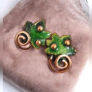 Vintage Renoir Matisse Copper Green Enamel Maple Leaf Clip On Earrings